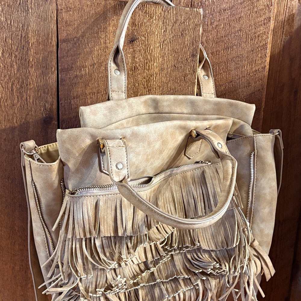 Fringe Tan Leather Tote Bag